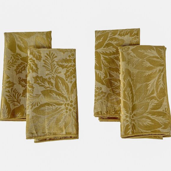 Damask Dinner Napkins Set 4 Gold Cloth Poinsettia Holiday Formal 17x17 Vintage - Picture 1 of 8